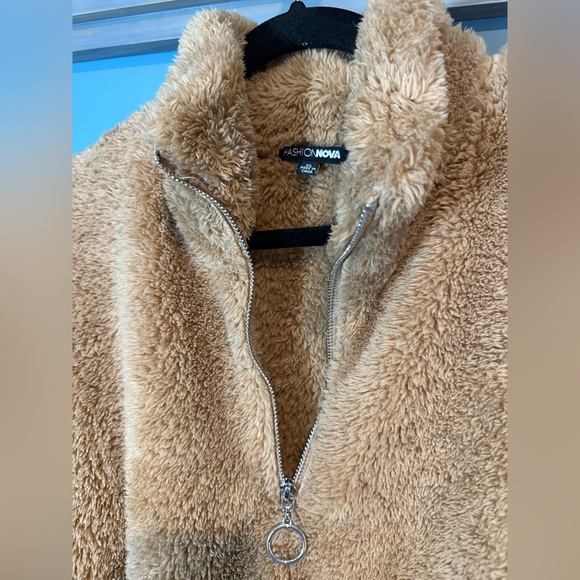 Fashion Nova Cropped Teddy Quarter Zip Sweatshirt in Brown/Camel - Picture 8 of 10